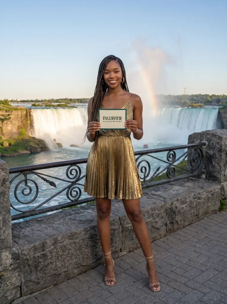 Simone Ashby, a character created for this guide, on the promenade above the Horseshoe Falls holding a card that reads Fallsview Casino Resort; AI-generated image.