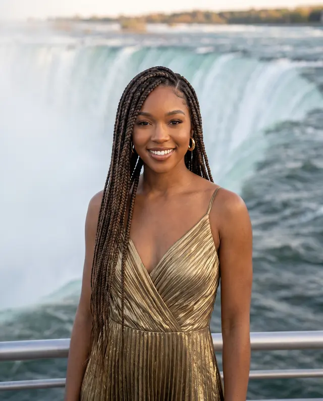 Portrait of Simone Ashby, a character created for this guide, above the falls; AI-generated image.